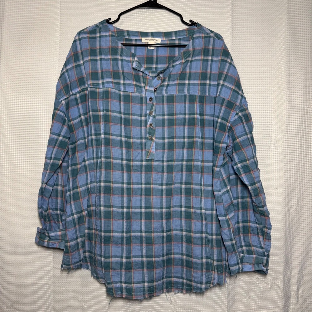 Beachlunchlounge Henley Blouse Cotton Plaid Raw Hem Relaxed Boho XL